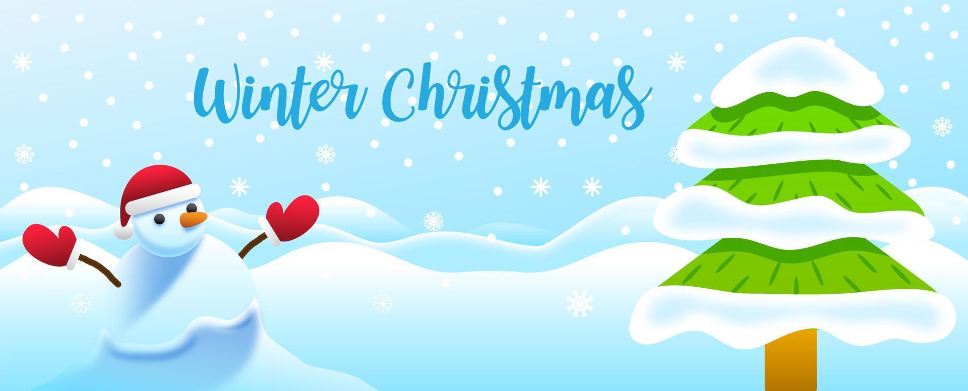 närbild en snögubbe bär en santa handske och hatt i landskap snö faller med tall träd och vinter- jul text. jul hälsning kort i vektor och webb baner design.
