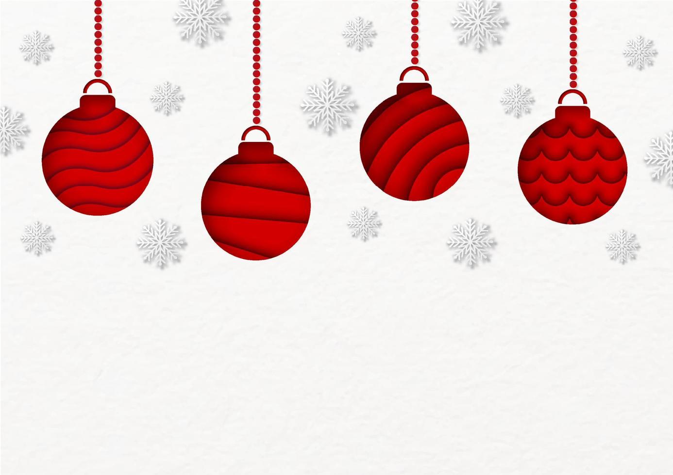 schmücken weihnachtskugeln hängen mit schneeflocken auf weißem papiermusterhintergrund. weihnachtsgrußkarte im papierschnittstil und vektordesign. vektor