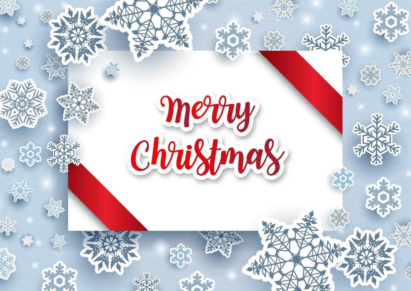 många och mängd snöflinga i papper skära stil med glad jul text, röd band på vit papper kort och på blå bakgrund. jul hälsning kort och affisch i vektor design.