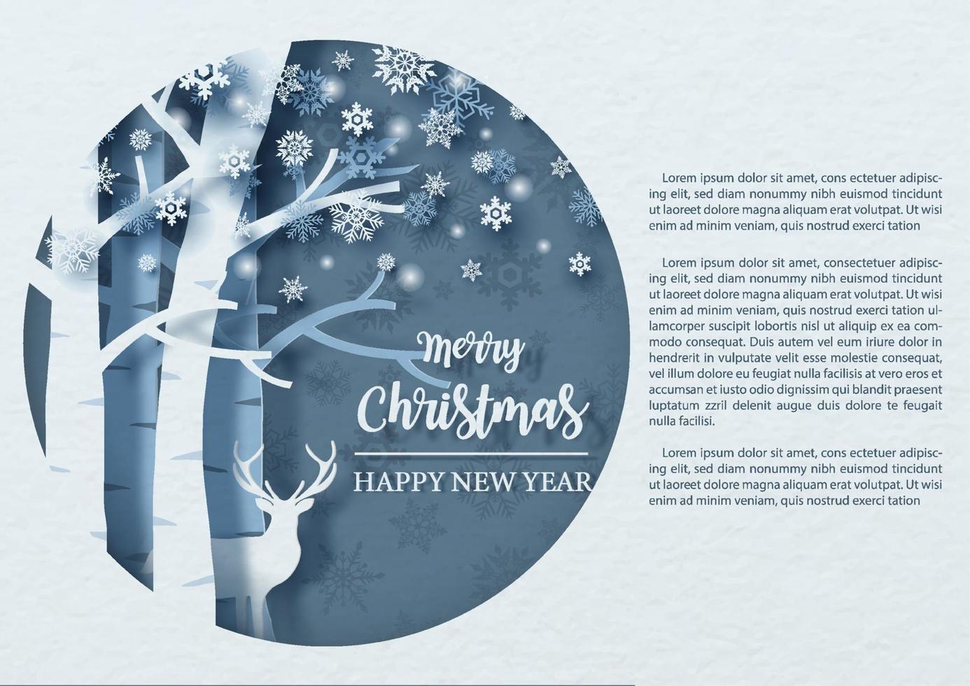 nahaufnahme und ernte wintersaison des kiefernwaldes mit hirschen auf silhouette schneeflockenmuster im kreis und und blauem hintergrund. weihnachtsgrußkarte im papierschnittstil und bannervektordesign. vektor