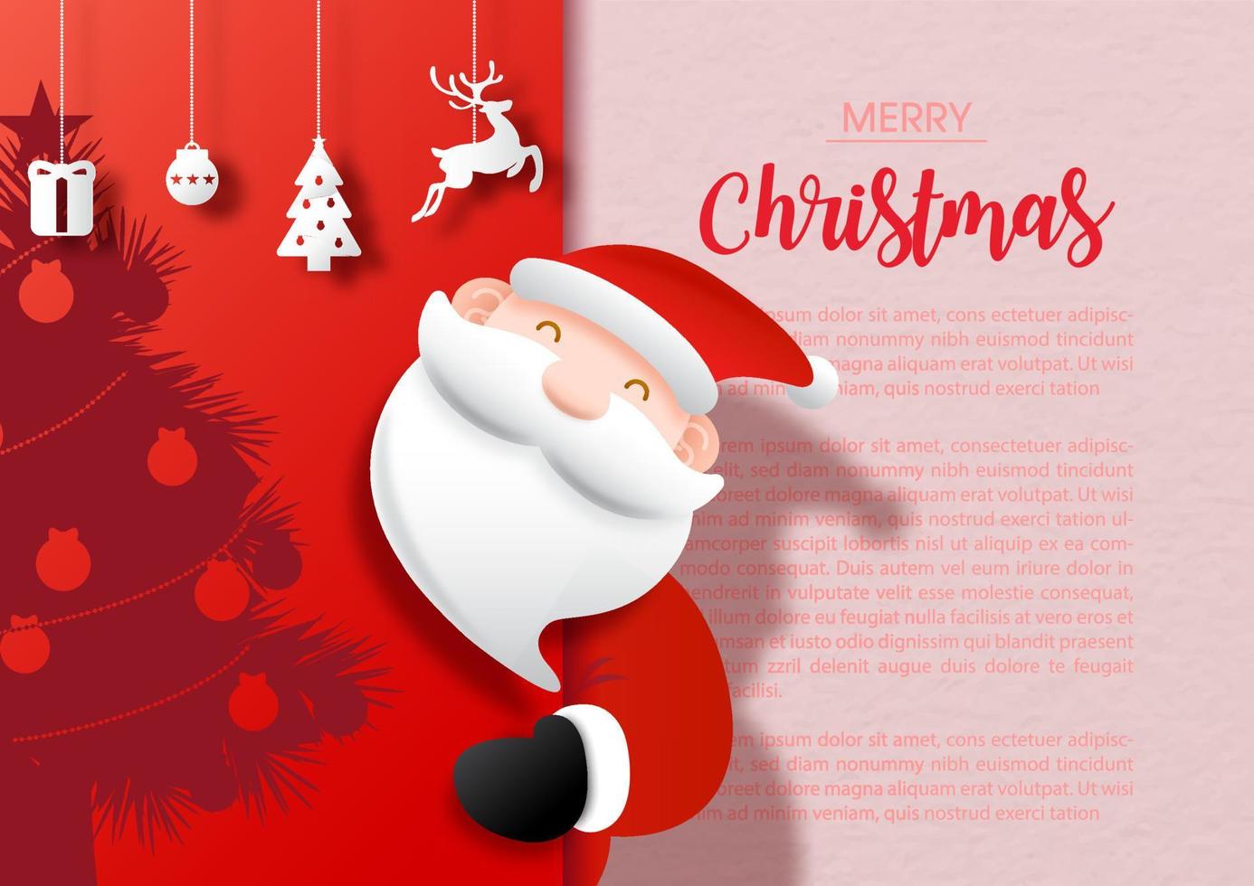 Nahaufnahme und Ernte Santa mit Beispieltexten und Symbolobjekten der Weihnachtsfeiertage hängen an der Silhouette einer Hälfte des Weihnachtsbaums und rosa, rotem Hintergrund. Weihnachtsgrußkarte im Vektordesign. vektor