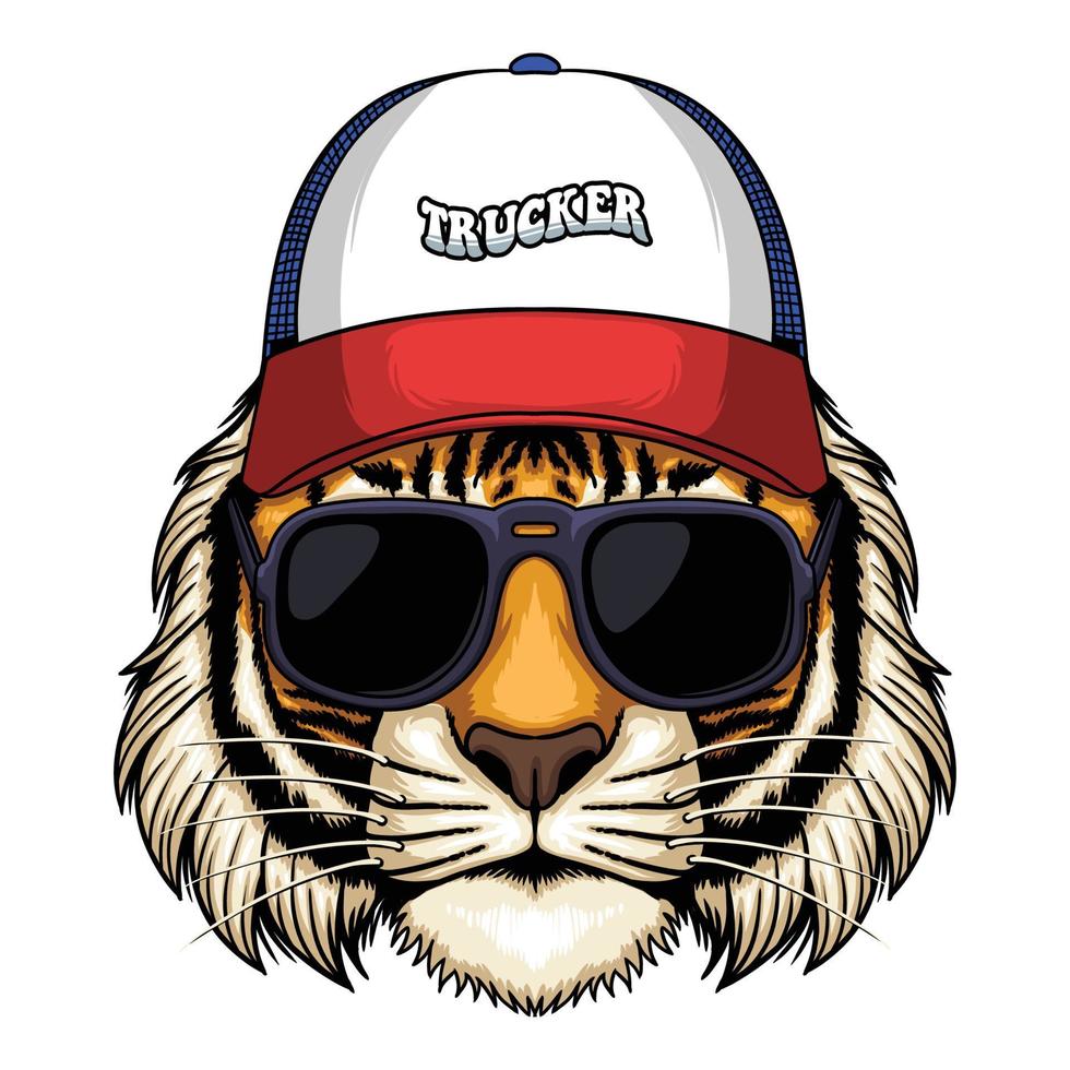 tiger huvud bär trucker hatt keps vektor illustration