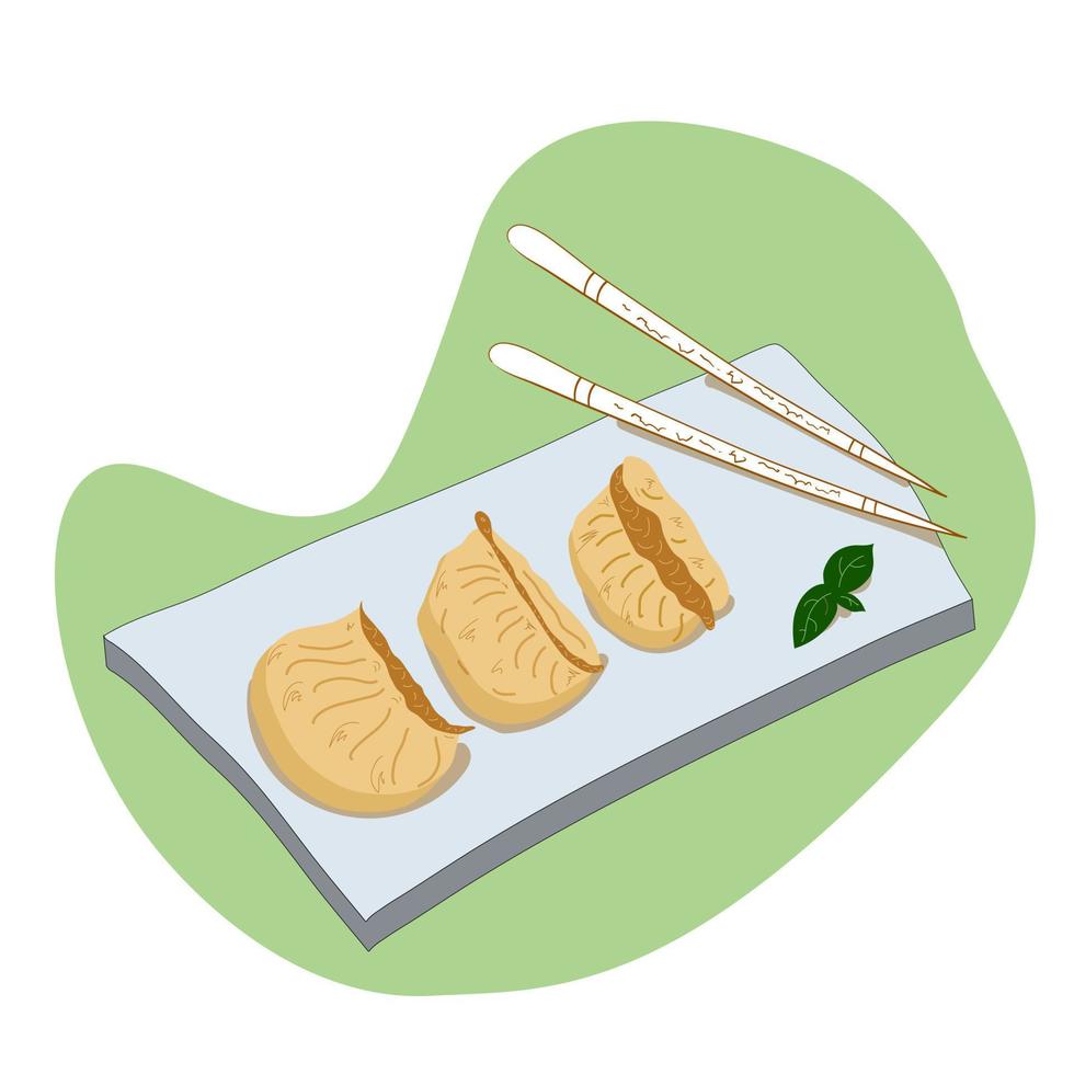kinesisk klimpar på tallrik med ätpinnar. utsökt asiatisk mat traditionell. vektor illustration.