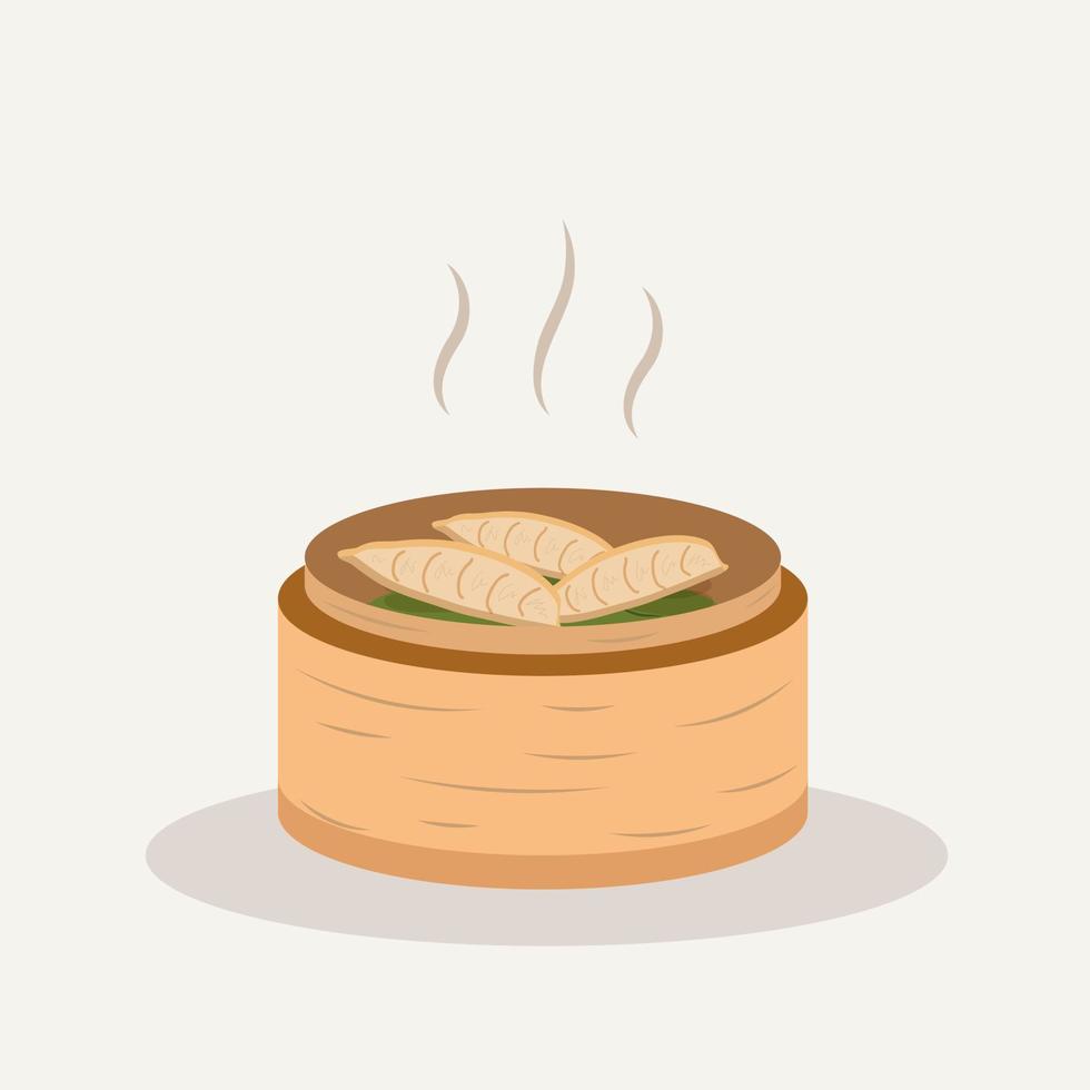 Chinesisches Dim Sum im Korb. Köstliches asiatisches Essen traditionell. Knödel auf gedämpfter Vektorillustration vektor