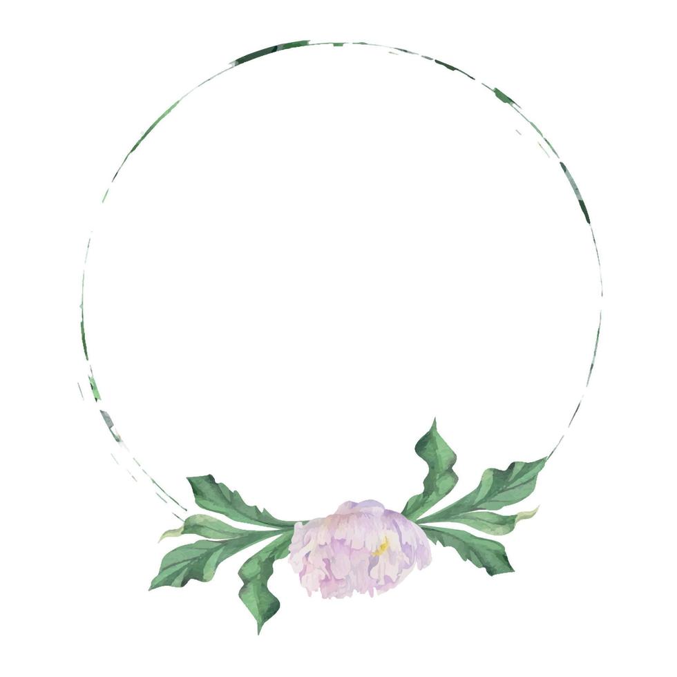 vattenfärg cirkel ram arrangemang med hand dragen delikat rosa pion blommor, knoppar och löv. isolerat på vit bakgrund. för inbjudningar, bröllop, kärlek eller hälsning kort, papper, skriva ut, textil- vektor