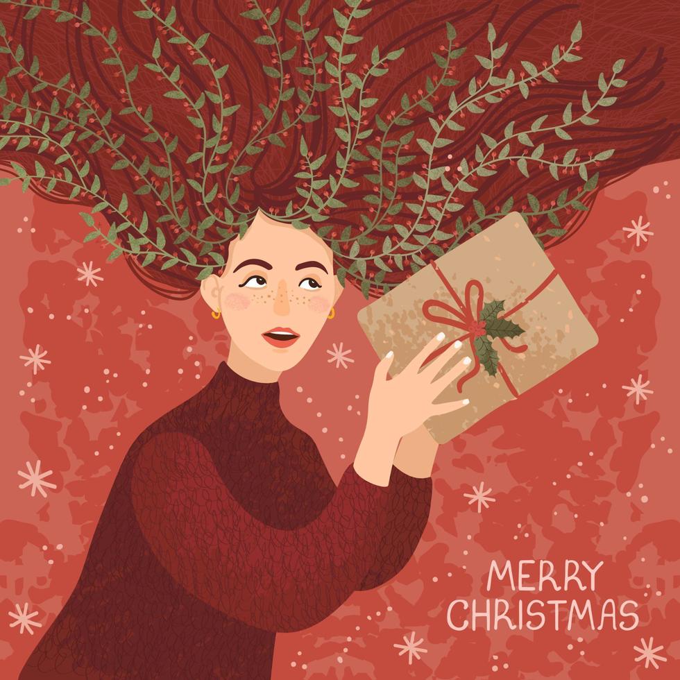 vektorweihnachtsgrußkarte mit handgezeichneter illustration einer frau mit einer geschenkbox. Verwenden Sie es als Einladung, Grußkarte, Poster, Banner, Flyer, Cover, Plakat, Broschüre und anderes Grafikdesign vektor