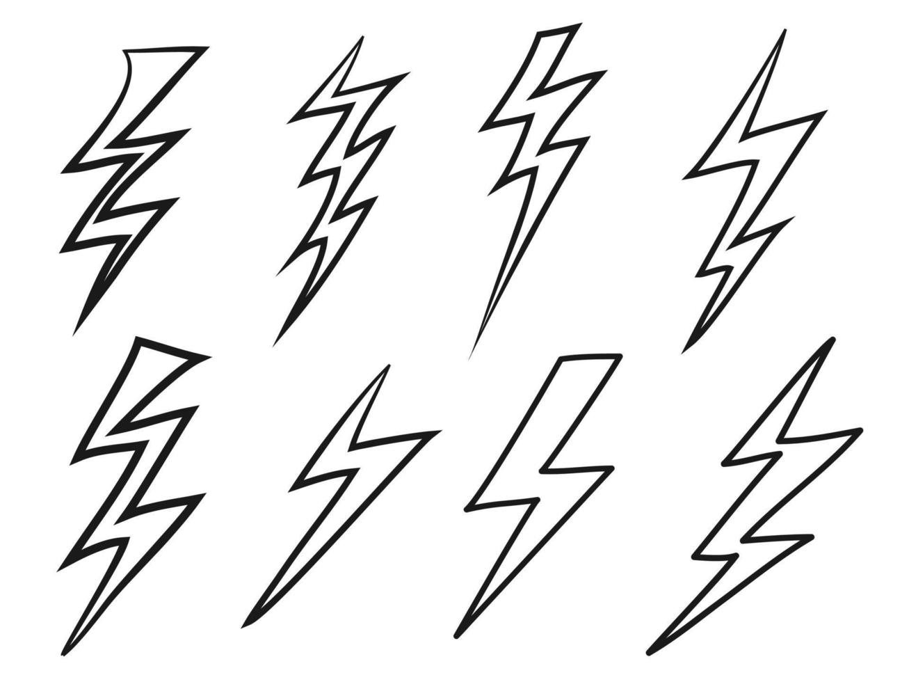 uppsättning av hand dragen elektrisk blixt. klotter åska bult och åskväder. isolerat på vit bakgrund. vektor illustration