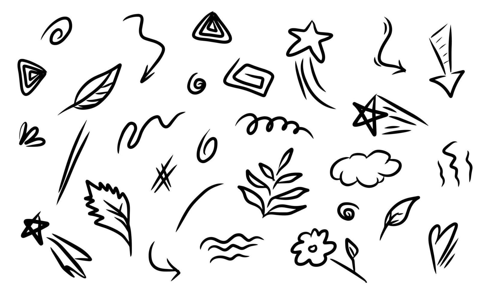 hand gezeichneter satz abstrakter gekritzelelemente mit pflanze, stern, wirbel, rauschen, kritzeln, pfeil, textbetonung. isoliert auf weißem Hintergrund. Vektor-Illustration vektor