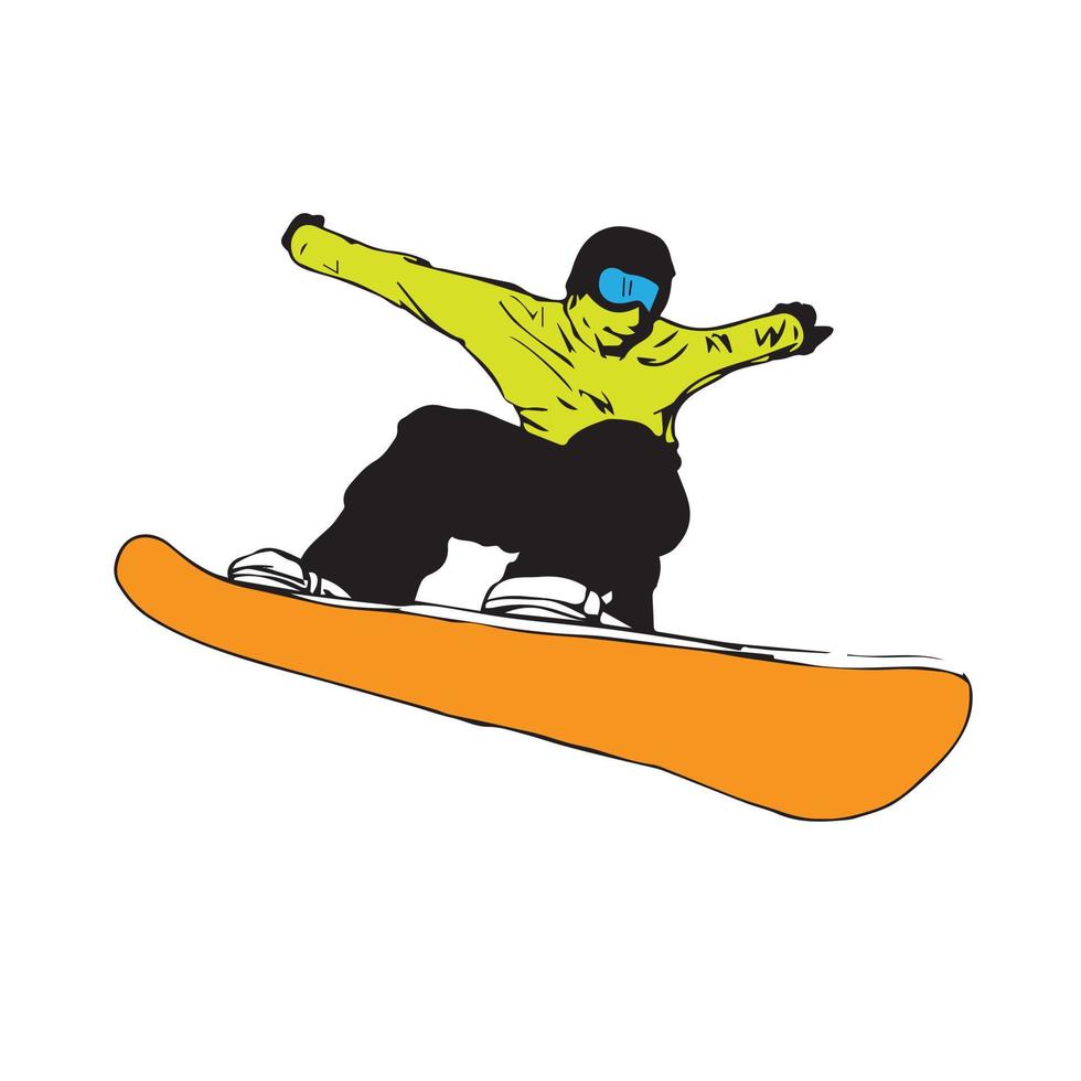 Person, die Snowboard fährt. Snowboarder in Aktionsvektorillustration. Extremer Wintersport. Snowboard-Emblem. Logo des Sportvereins. Snowboardausrüstung. vektor
