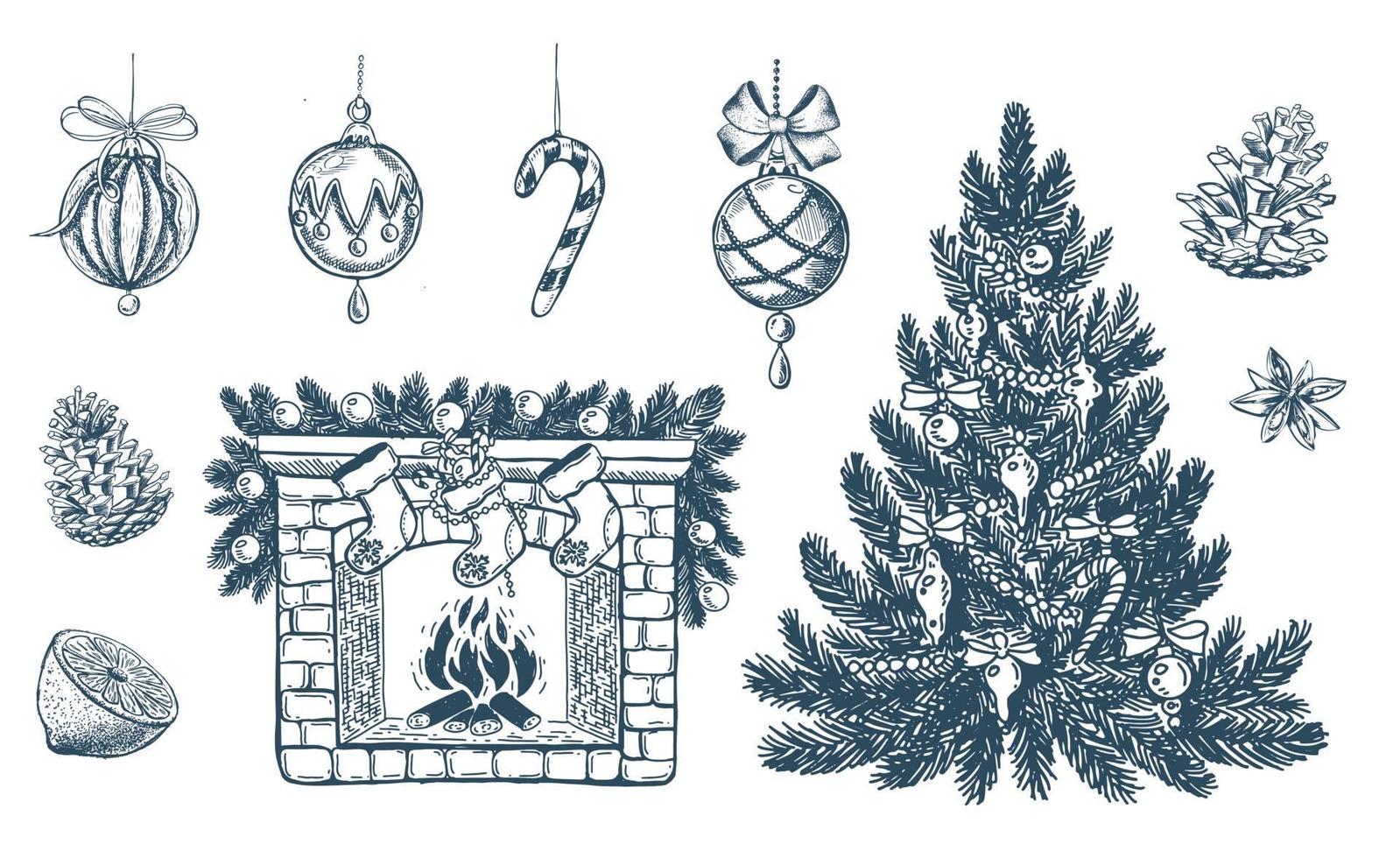 weihnachtsbaum, spielzeug, handgezeichneter stil, vektorillustration vektor