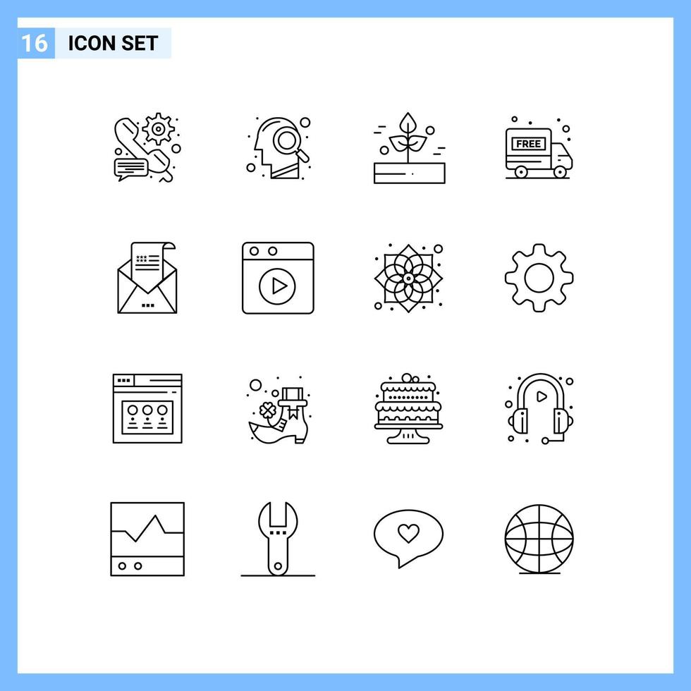 satz von 16 modernen ui-symbolen symbole zeichen für e-mail lieferwagen suche lieferwagen regen editierbare vektordesignelemente vektor