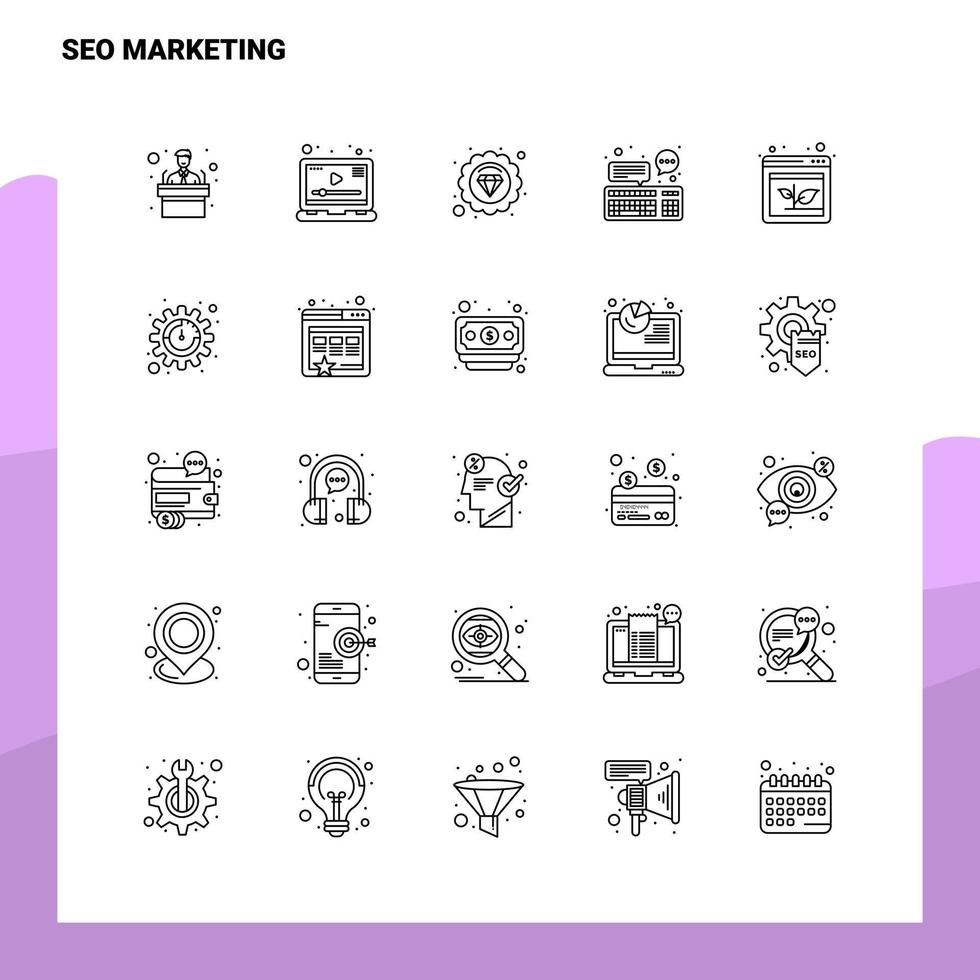 Set von SEO-Marketing-Liniensymbolen Set 25 Symbole Vektor-Minimalismus-Stildesign Schwarze Symbole setzen lineares Piktogrammpaket vektor