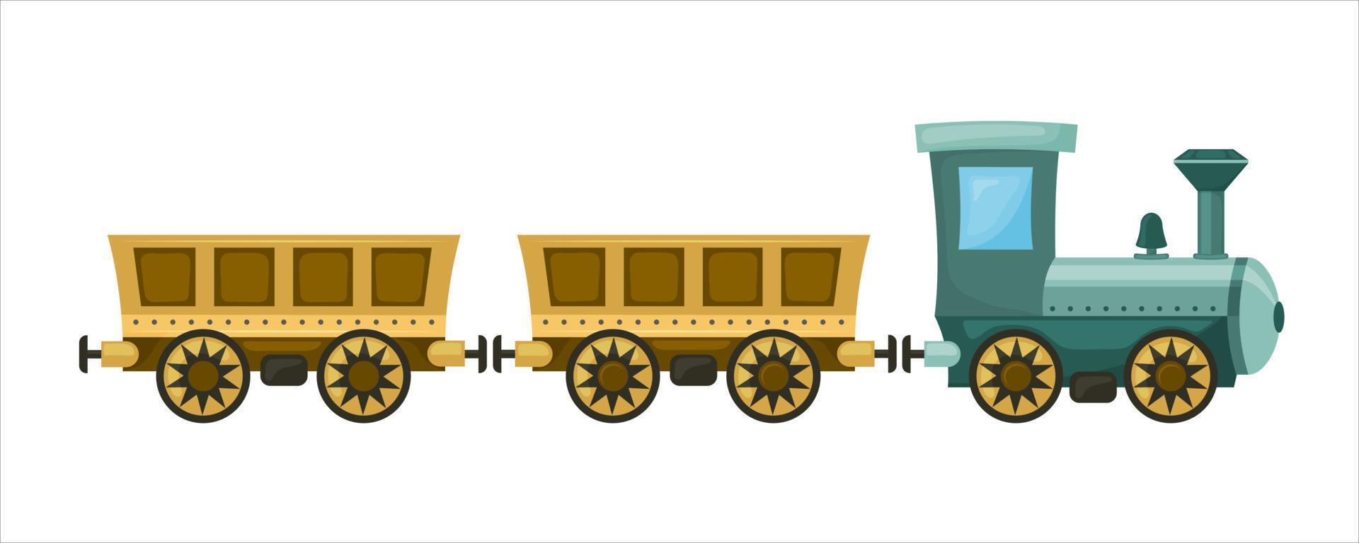 söt jul tåg, lokomotiv med bilar på blå lutning bakgrund. vektor illustration.