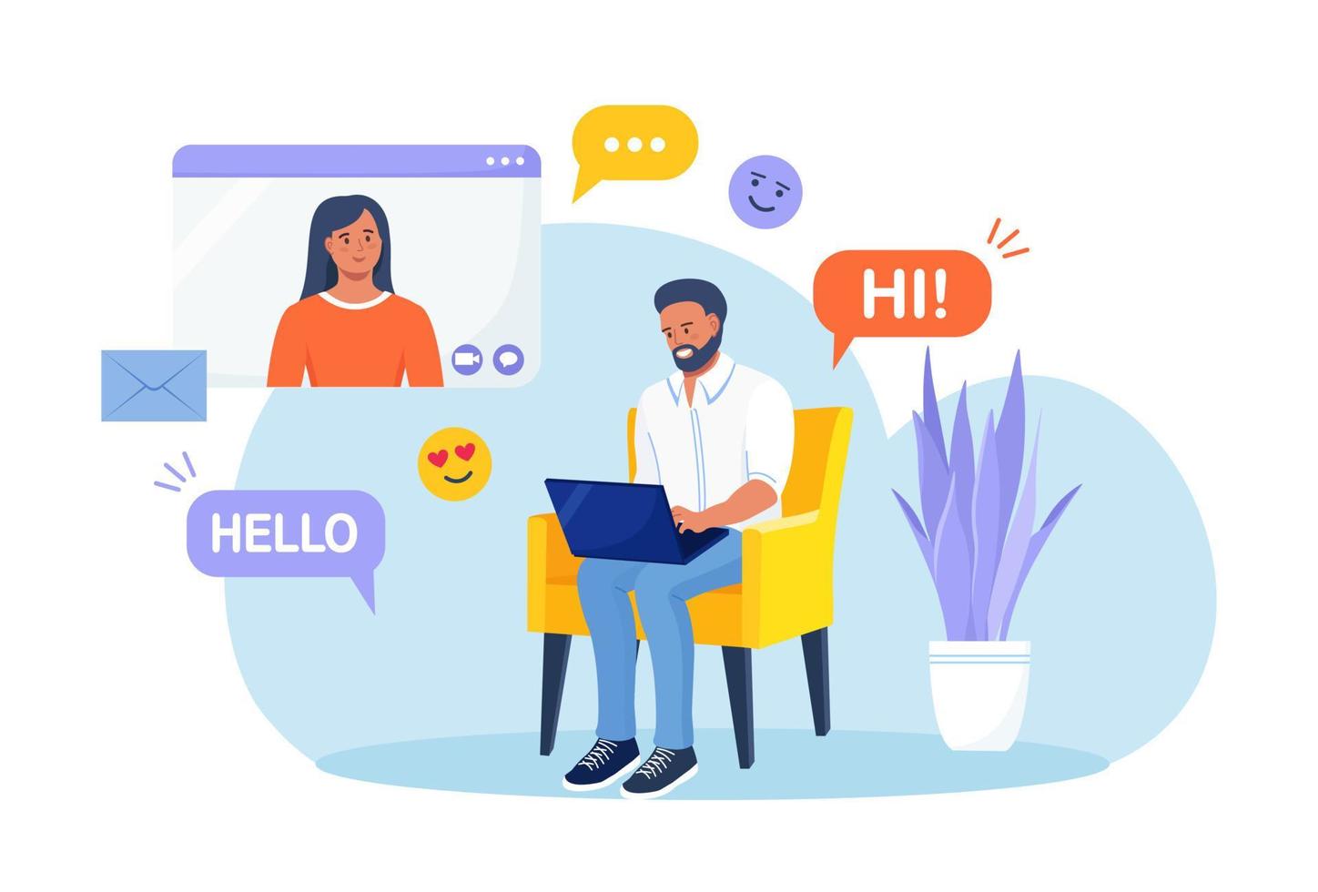 man är Sammanträde på fåtölj och använder sig av bärbar dator för video ring upp med flicka vän eller kollega. vänner talande uppkopplad. uppkopplad utbildning och e-lärande. social media eller dejting app och virtuell relation vektor