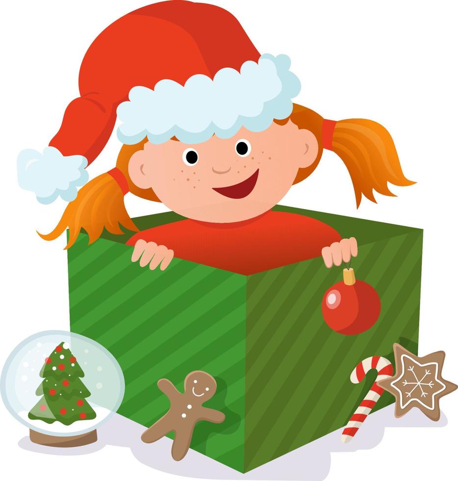 jul illustration med en söt flicka i en låda. närvarande med en söt flicka i en santa hatt med jul dekoration. vektor illustration för en kort eller affisch.