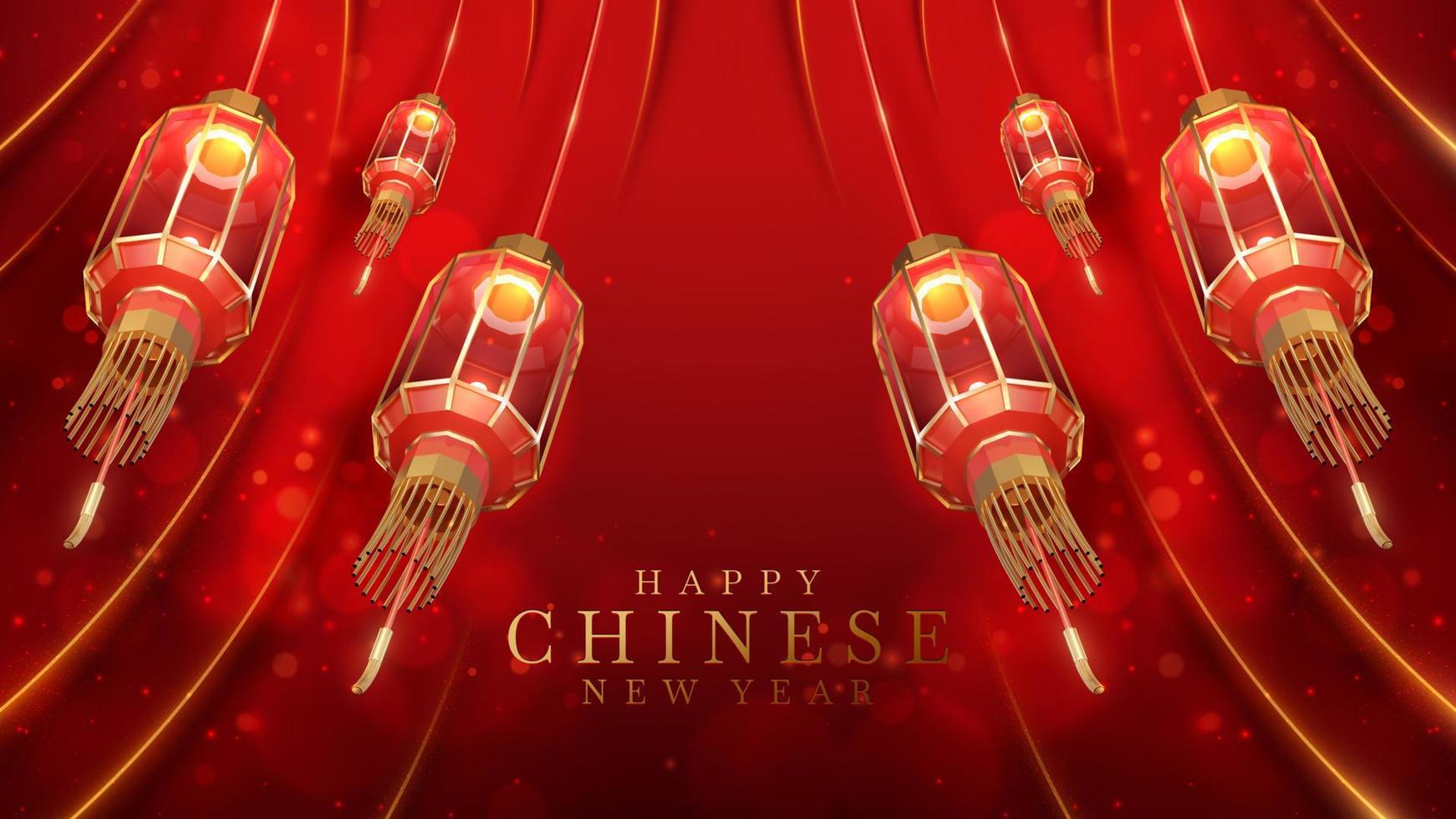 realistisk röd kinesisk ny år lyktor med guld kurva rader element och glitter ljus effekter dekoration och bokeh. 3d lyx stil bakgrund. vektor illustration.
