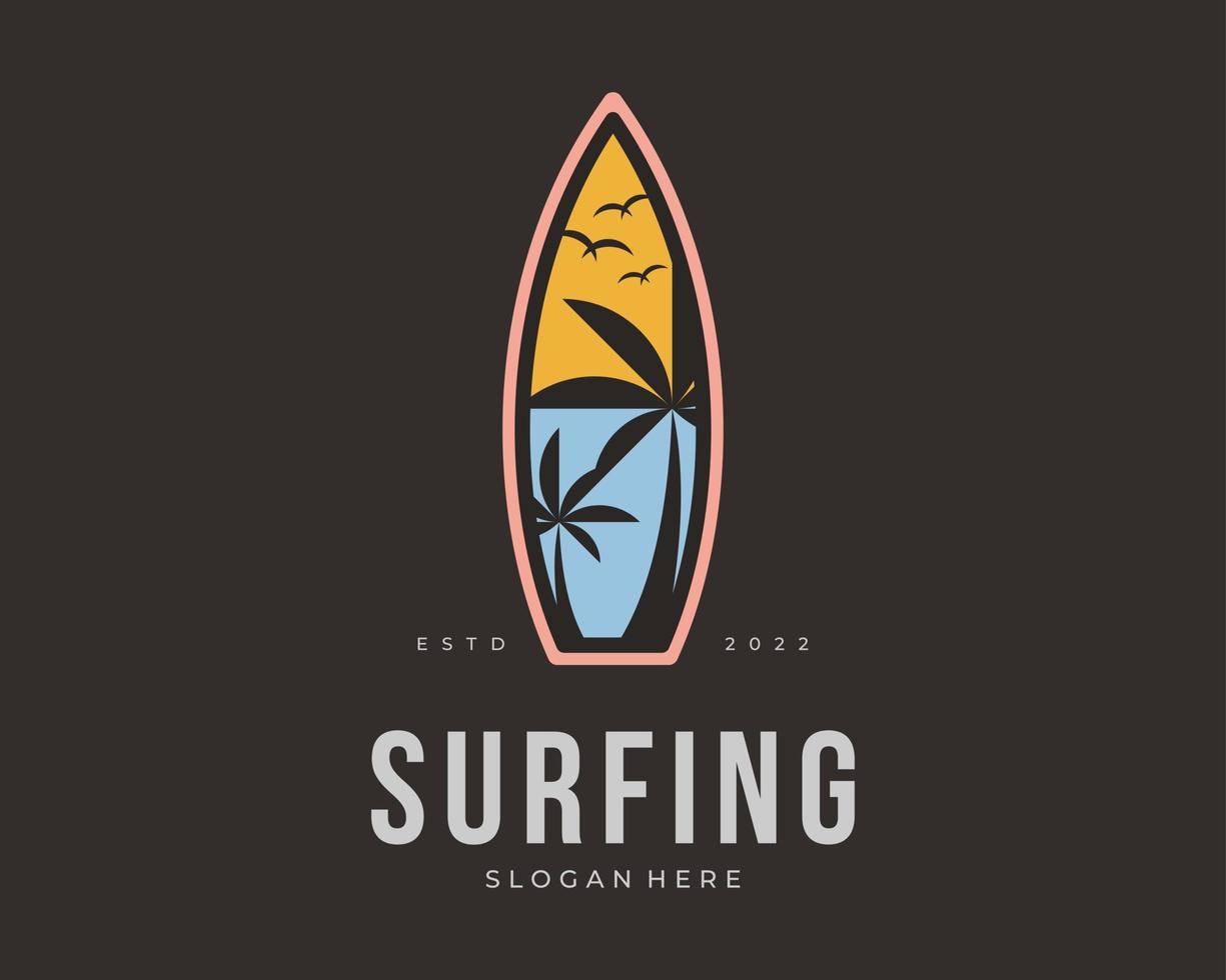 Surfbrett Surfen Surf Strand Meer Welle Sport Urlaub Palme Sonnenuntergang landschaftlich Retro-Vektor-Logo-Design vektor