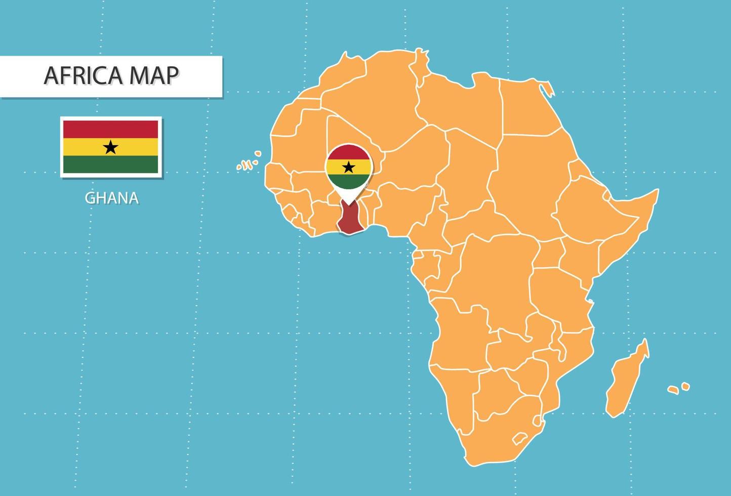 Ghana-Karte in Afrika, Symbole, die den Standort und die Flaggen von Ghana zeigen. vektor