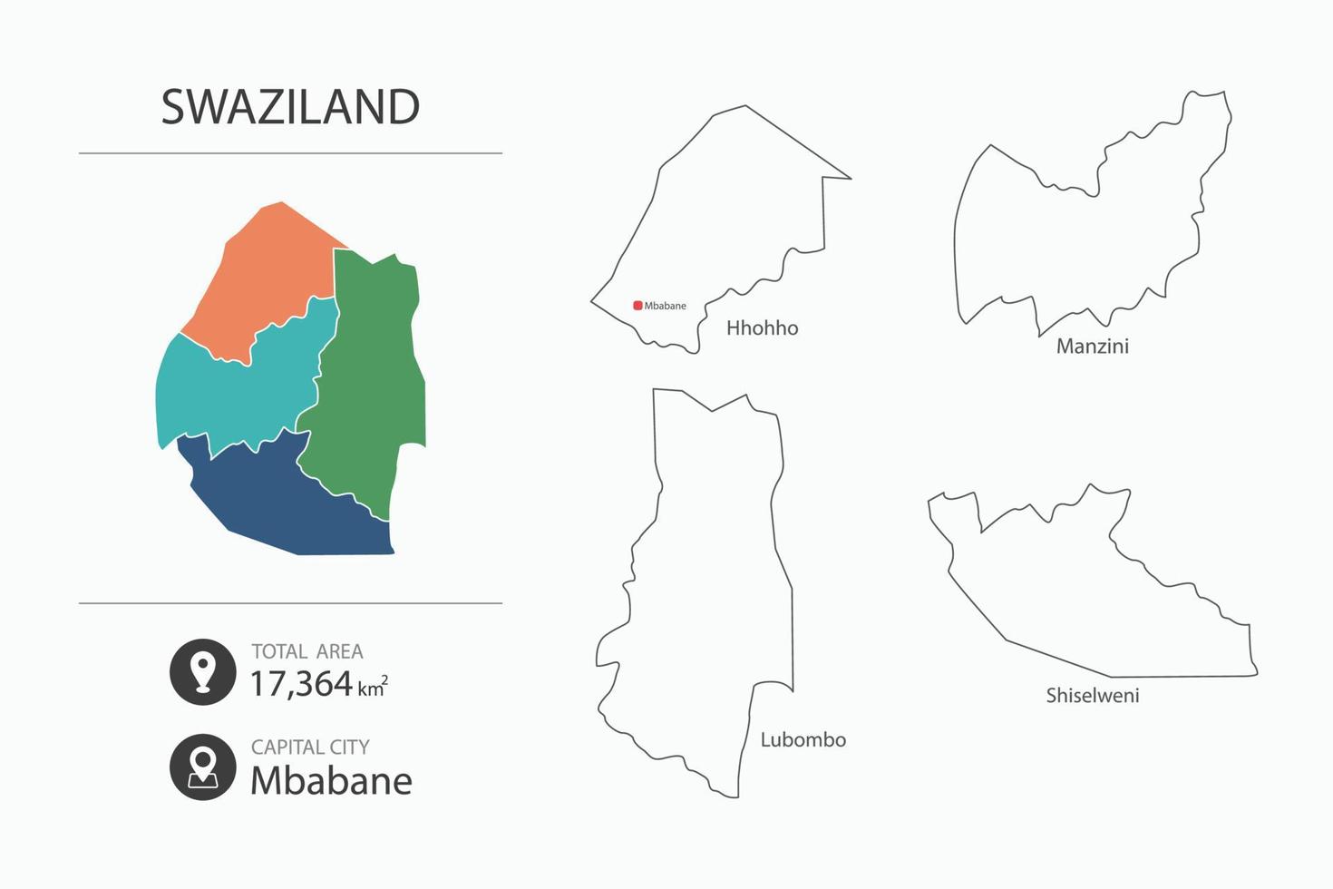 Karta av swaziland med detaljerad Land Karta. Karta element av städer, total områden och huvudstad. vektor