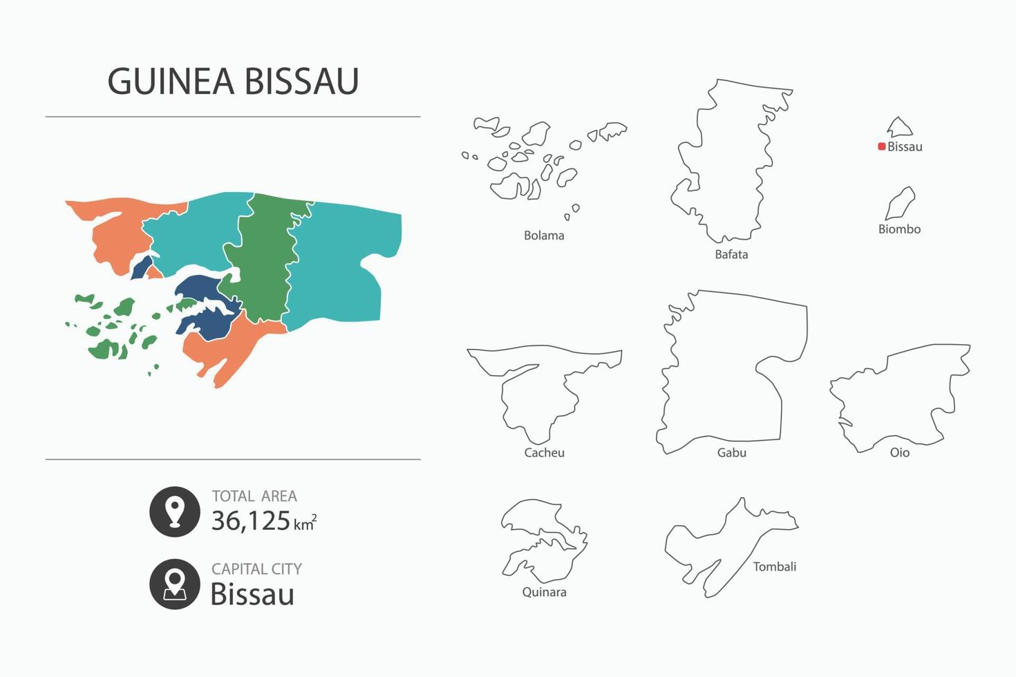 Karte von Guinea-Bissau mit detaillierter Landkarte. Kartenelemente von Städten, Gesamtgebieten und Hauptstadt. vektor