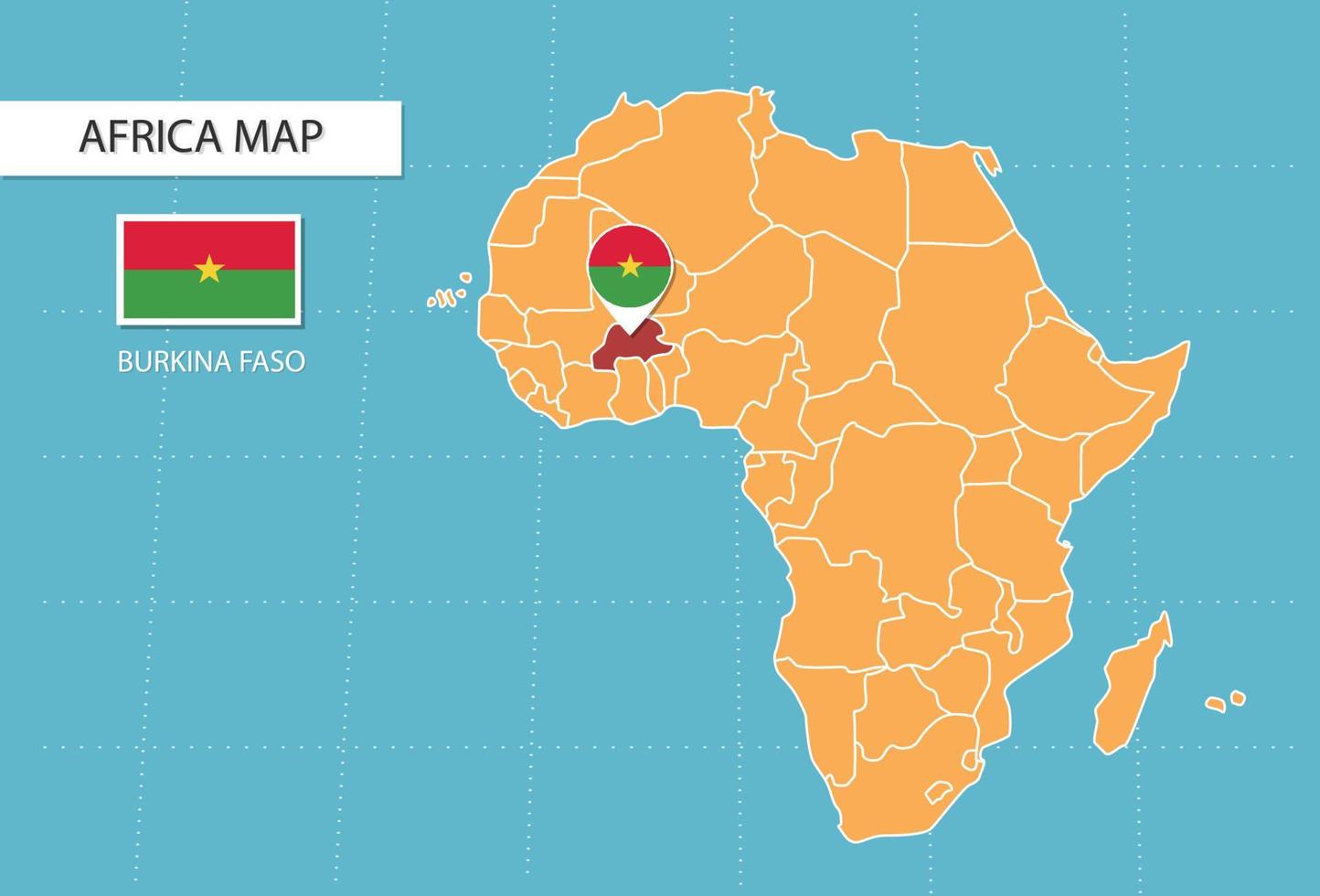 burkina faso karte in afrika, symbole zeigen burkina faso lage und flaggen. vektor