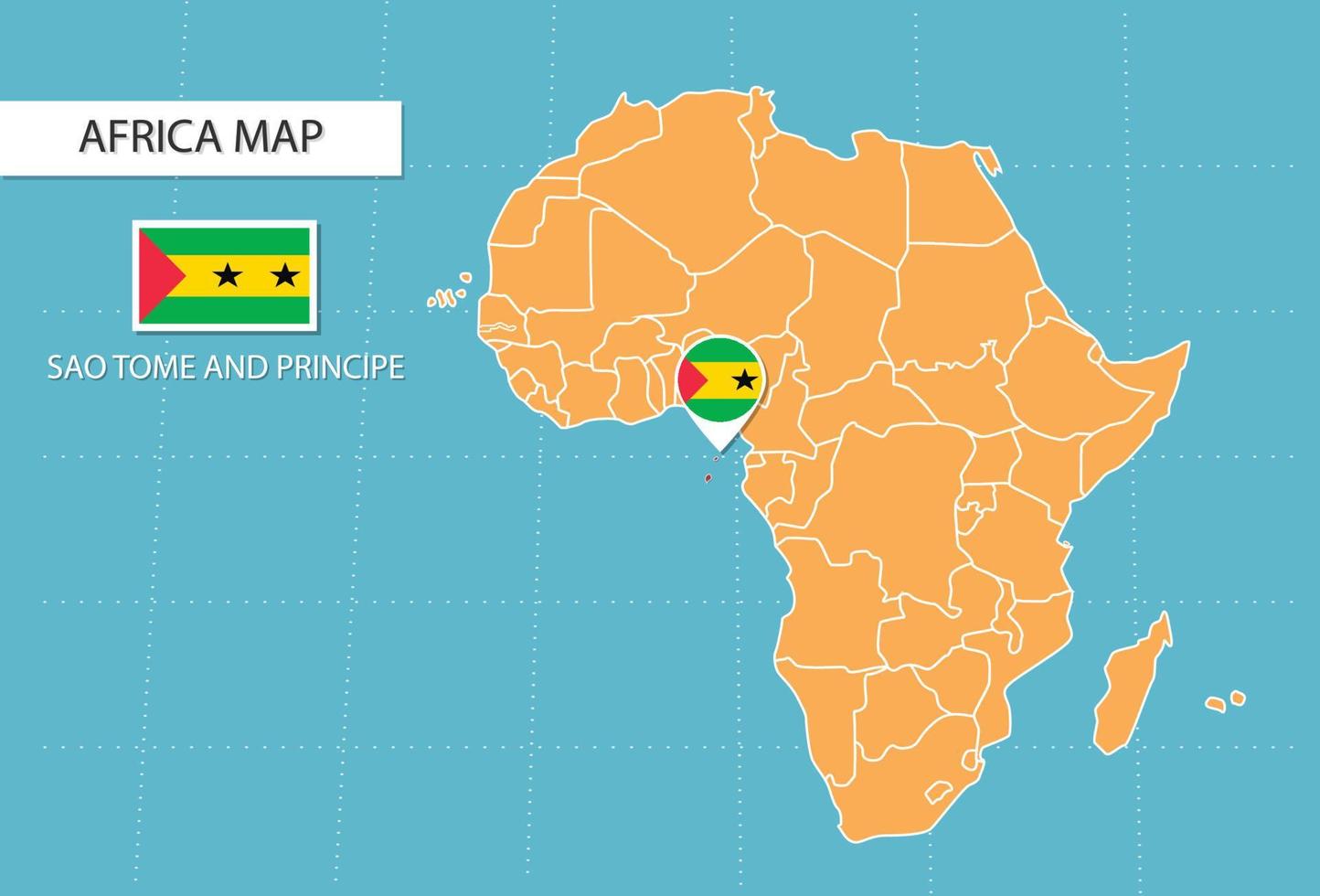 Karte von Sao Tome und Principe in Afrika, Symbole, die den Standort und die Flaggen von Sao Tome und Principe zeigen. vektor