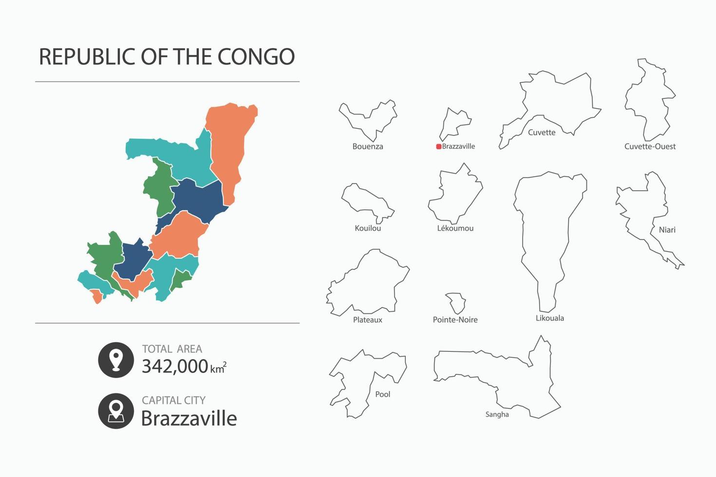 Karte der Republik Kongo mit detaillierter Landkarte. Kartenelemente von Städten, Gesamtgebieten und Hauptstadt. vektor