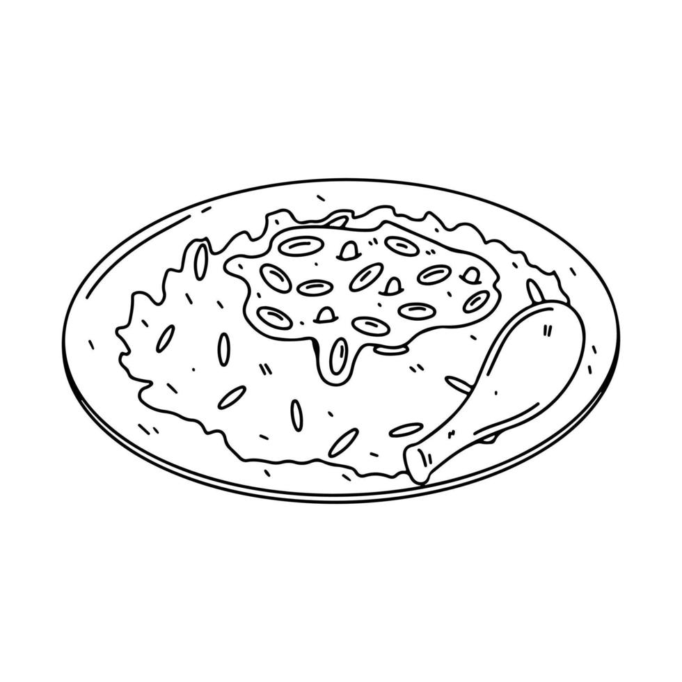 Gebratener Reis mit Brathähnchen und Bohnensauce im handgezeichneten Doodle-Stil. chinesisches Gericht. vektor