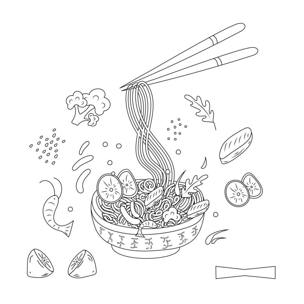 Malvorlage Nudeln und Zutaten. Garnelen, Zitrone, Gemüse. asiatisches Essen. Vektor-Illustration vektor