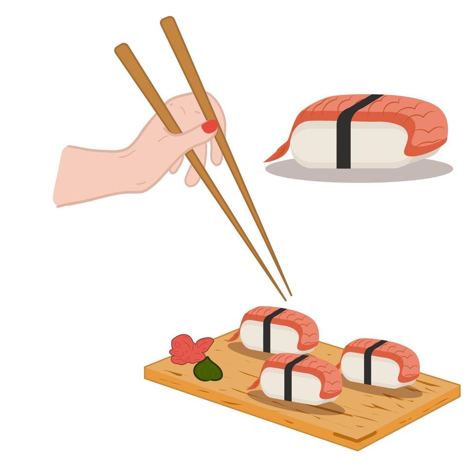 Sushi-Set auf Holzbrett, Essstäbchen in der Hand. Brötchen mit Garnelen. asiatische Lebensmittel-Vektor-Illustration vektor