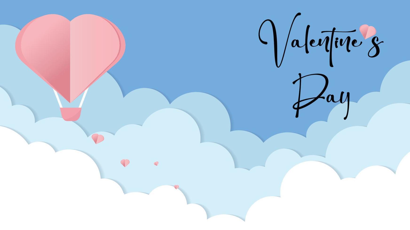 vektorliebespostkarte für valentinstag mit mit herzförmigem ballon und fliegenden herzen, papiergeschnittenen wolken und blauem hintergrund vektor