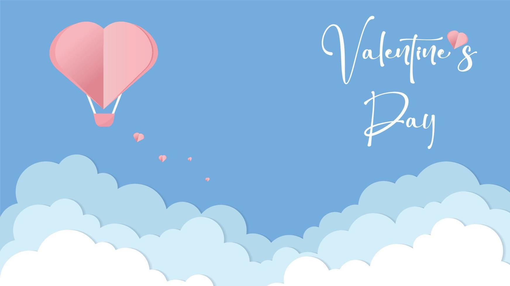 vektorliebespostkarte für valentinstag mit mit herzförmigem ballon und fliegenden herzen, papiergeschnittenen wolken und blauem hintergrund vektor