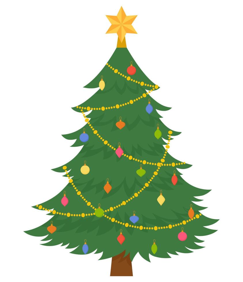 geschmückter Weihnachtsbaum. Stern, Dekokugeln und Glühbirnenkette. traditionelles weihnachts- und neujahrssymbol. frohe weihnachten und ein frohes neues jahr design für grußkarten. vektor