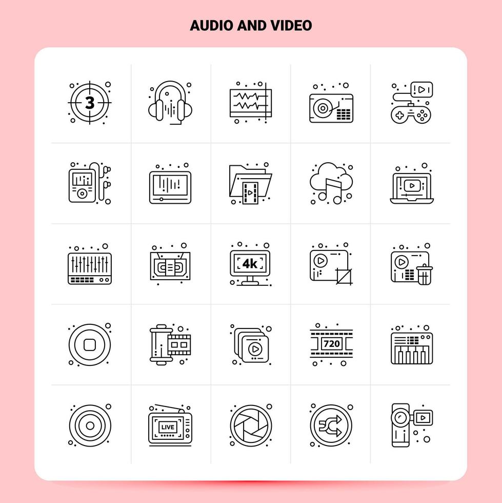 Umriss 25 Audio- und Video-Icon-Set Vektor-Linienstil-Design schwarze Symbole setzen lineares Piktogramm-Paket Web- und mobile Geschäftsideen entwerfen Vektor-Illustration vektor