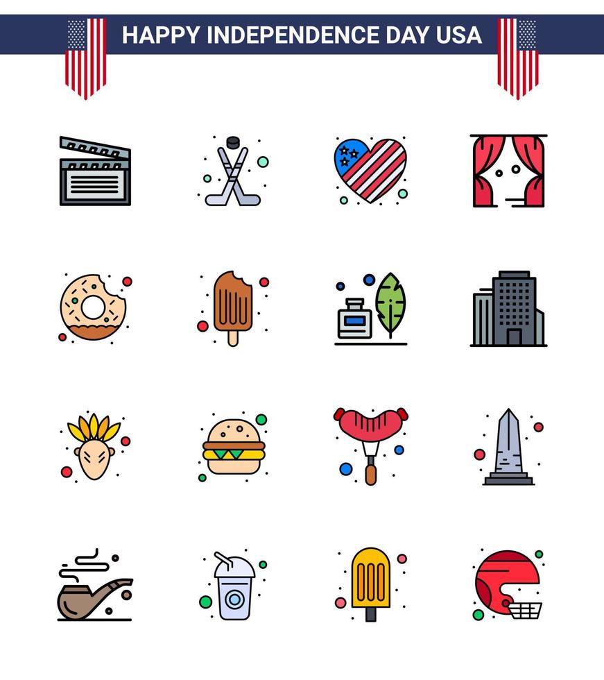 4:e juli USA Lycklig oberoende dag ikon symboler grupp av 16 modern platt fylld rader av runda USA amerikan teater underhållning redigerbar USA dag vektor design element