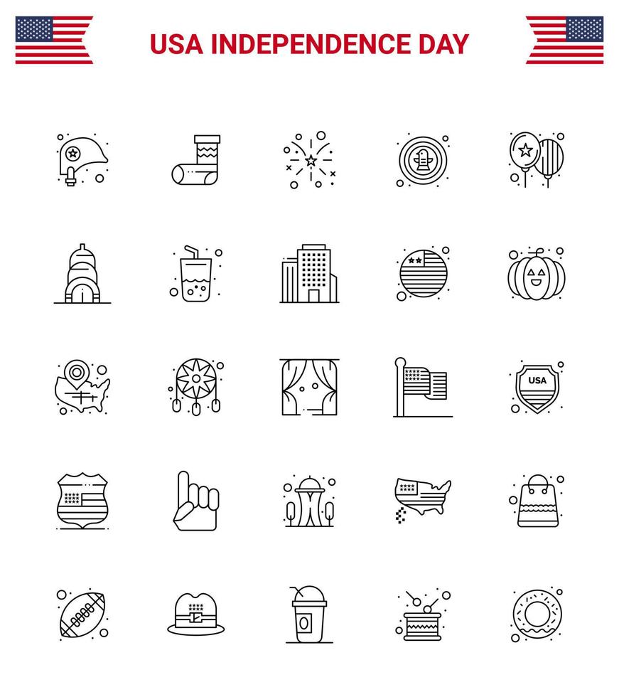 USA oberoende dag linje uppsättning av 25 USA piktogram av ballonger Örn fyrverkeri firande amerikan redigerbar USA dag vektor design element