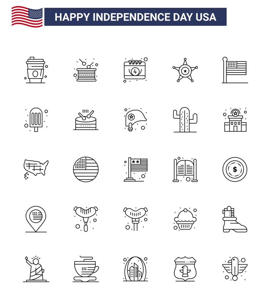 4:e juli USA Lycklig oberoende dag ikon symboler grupp av 25 modern rader av flagga stjärna oberoende polis dag redigerbar USA dag vektor design element