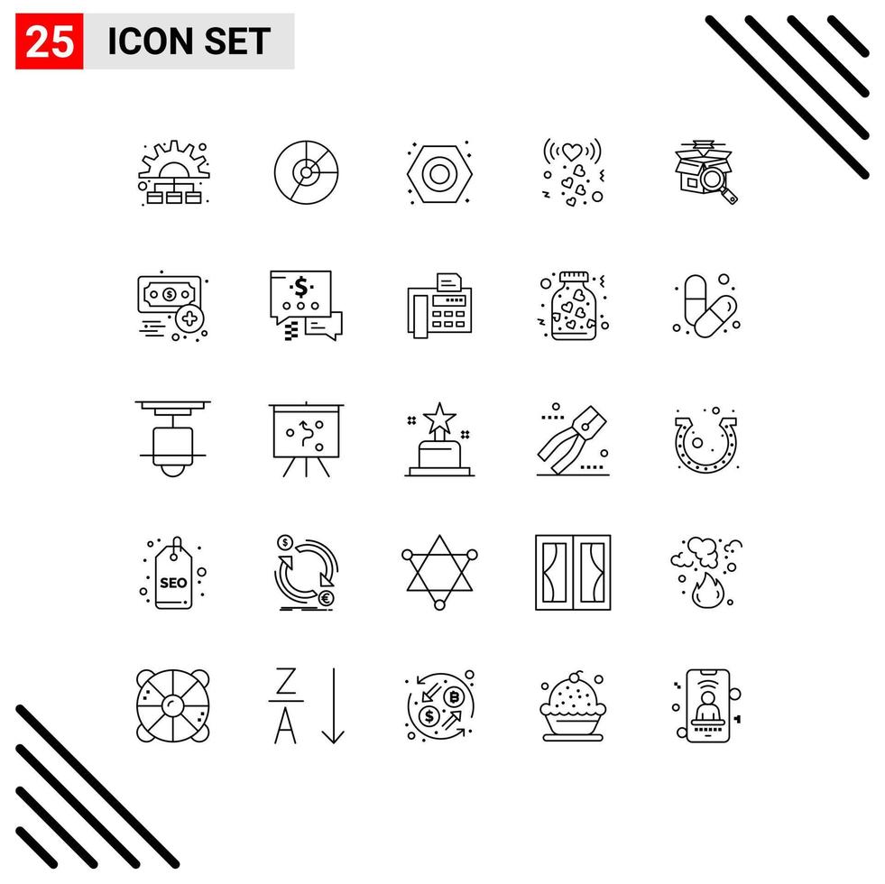 Gruppe von 25 Zeilen Zeichen und Symbolen für Romantik Herz Finanzen Sanitär Nuss editierbare Vektordesign-Elemente vektor