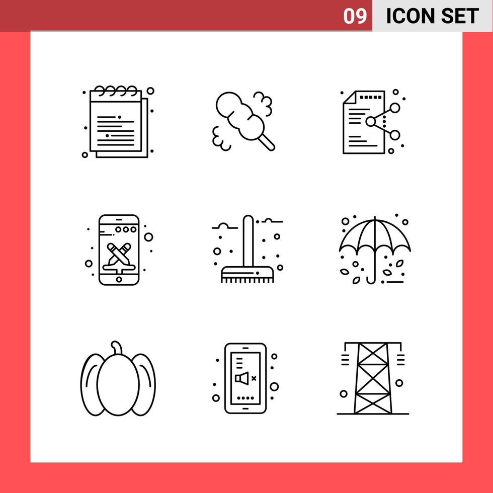 9 Icon Pack Line Style Umrisssymbole auf weißem Hintergrund einfache Zeichen für die allgemeine Gestaltung kreativer schwarzer Icon-Vektor-Hintergrund vektor