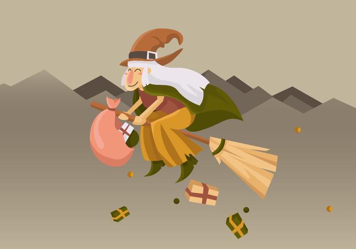 Gullig Befana Flying With Broom Vector Illustration