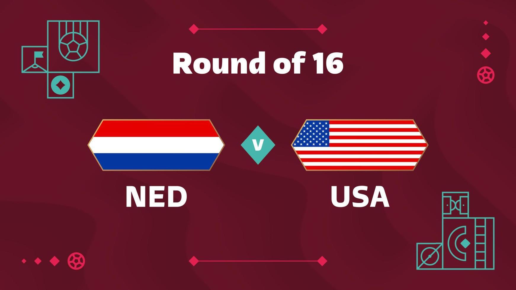 niederlande vs. usa playoff-runde von 16 spiel fußball 2022. fußballweltmeisterschaft 2022 spiel gegen teams intro sporthintergrund, meisterschaftswettbewerbsplakat, vektorillustration vektor