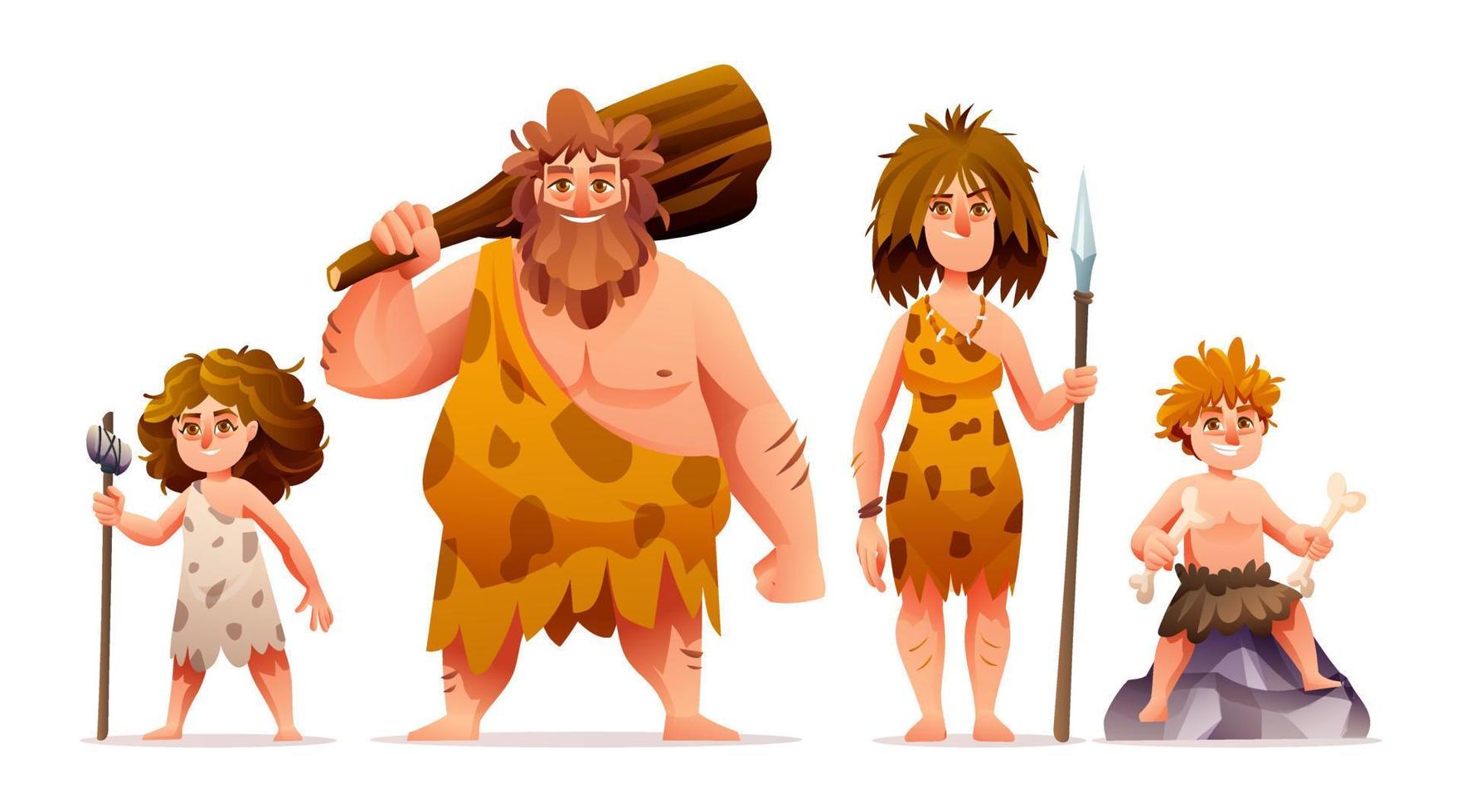 Charaktere der Urmenschen. prähistorische steinzeit höhlenmensch familienkarikaturillustration vektor