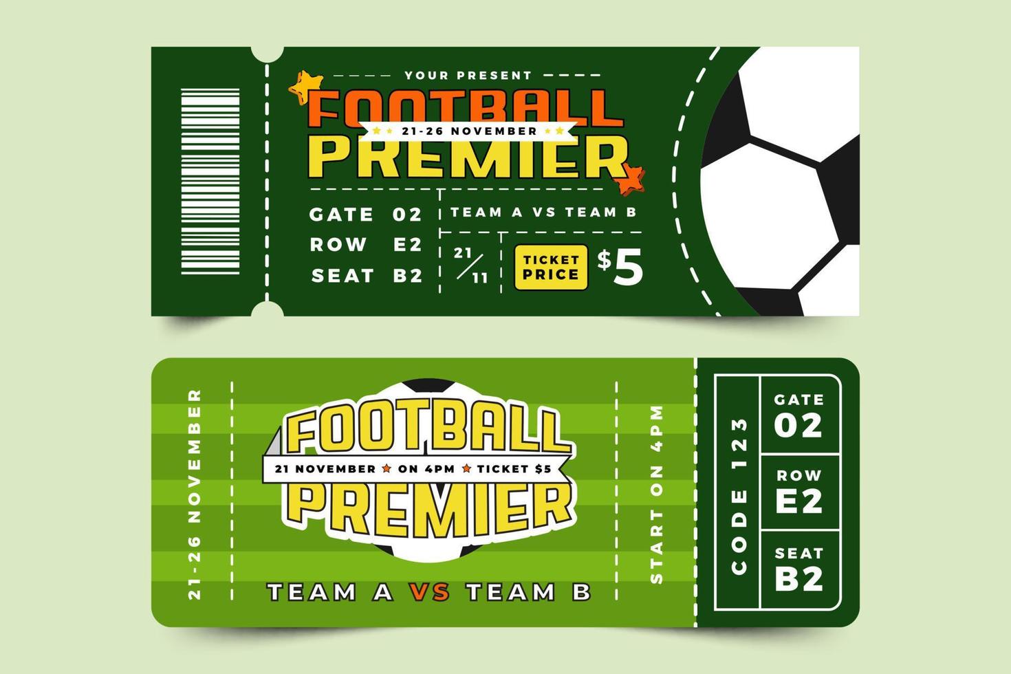 Fußballturnier-Sportereignis-Ticket-Design-Vorlage einfaches und elegantes Design vektor