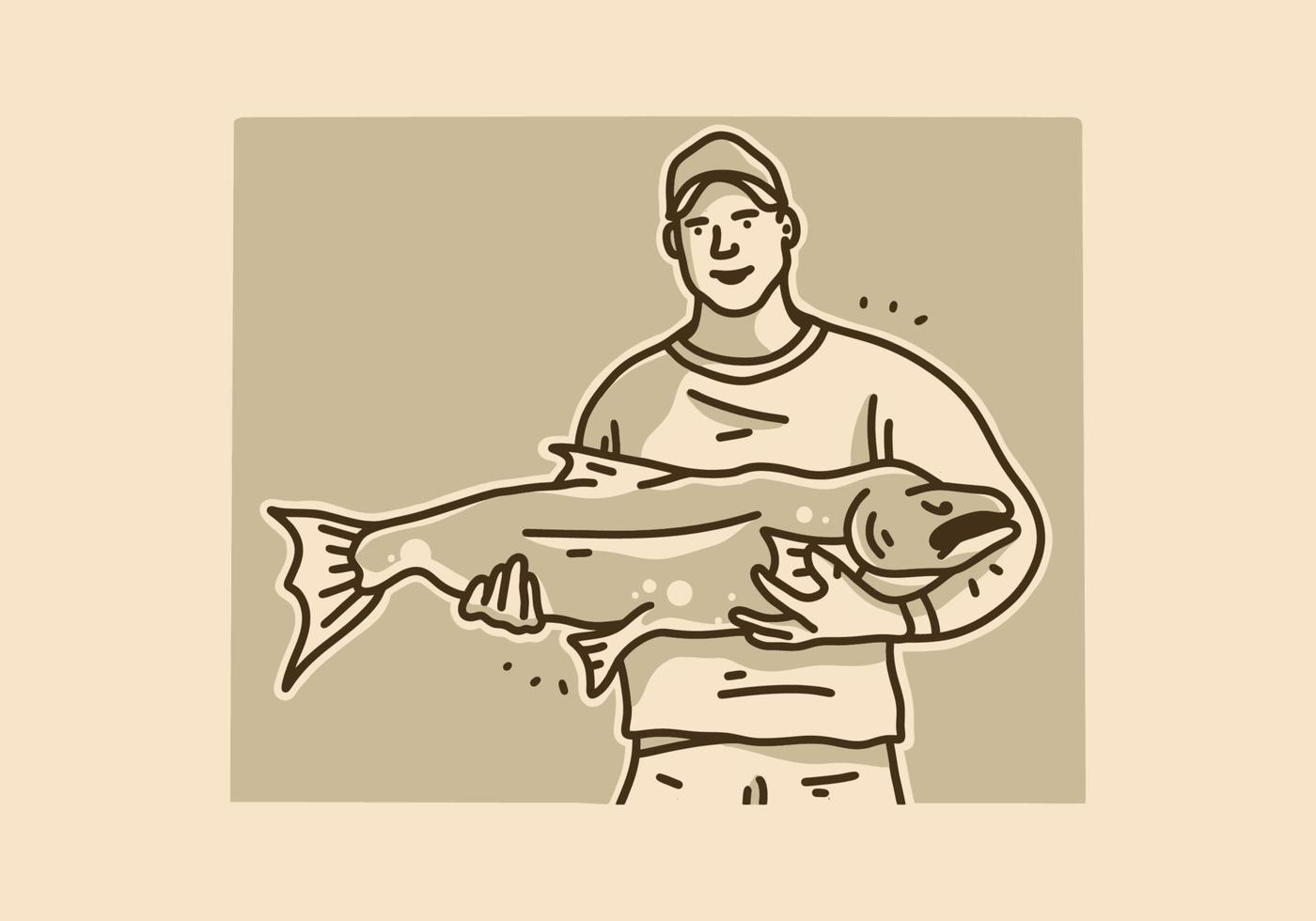 Vintage Kunstillustration eines Mannes, der einen großen Fisch hält vektor