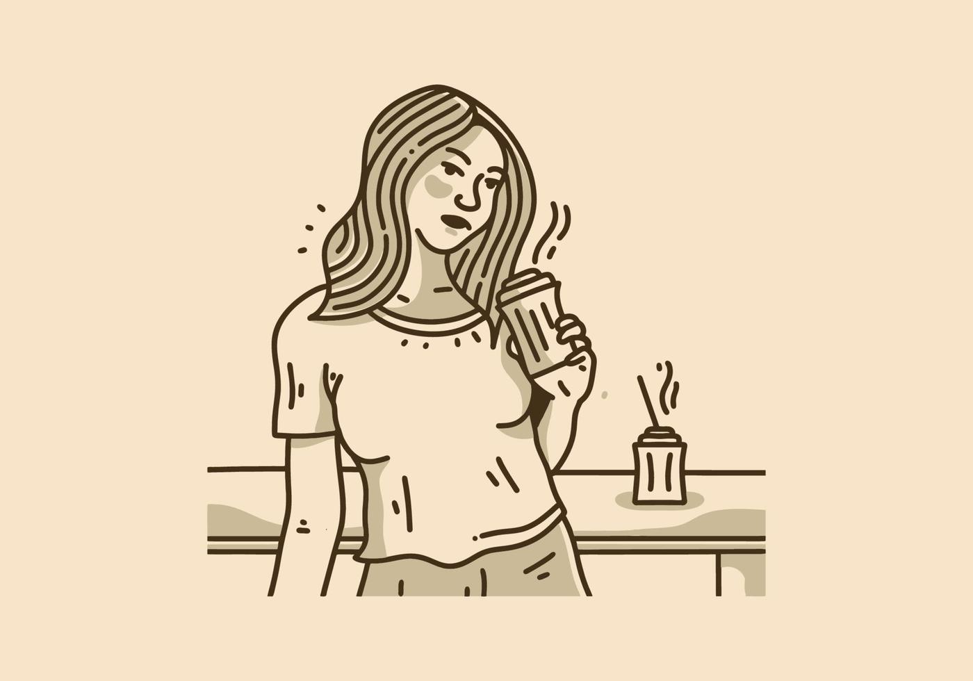 Vintage Illustration der Frau, die einen Tasse Kaffee hält vektor