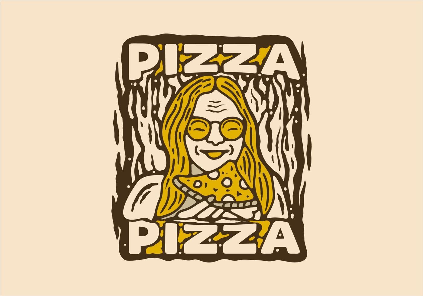 Vintage Illustrationszeichnung einer Frau, die Pizza isst vektor