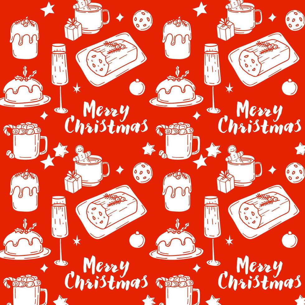 sömlös mönster med traditionell jul mat och dryck i klotter stil på en röd bakgrund vektor