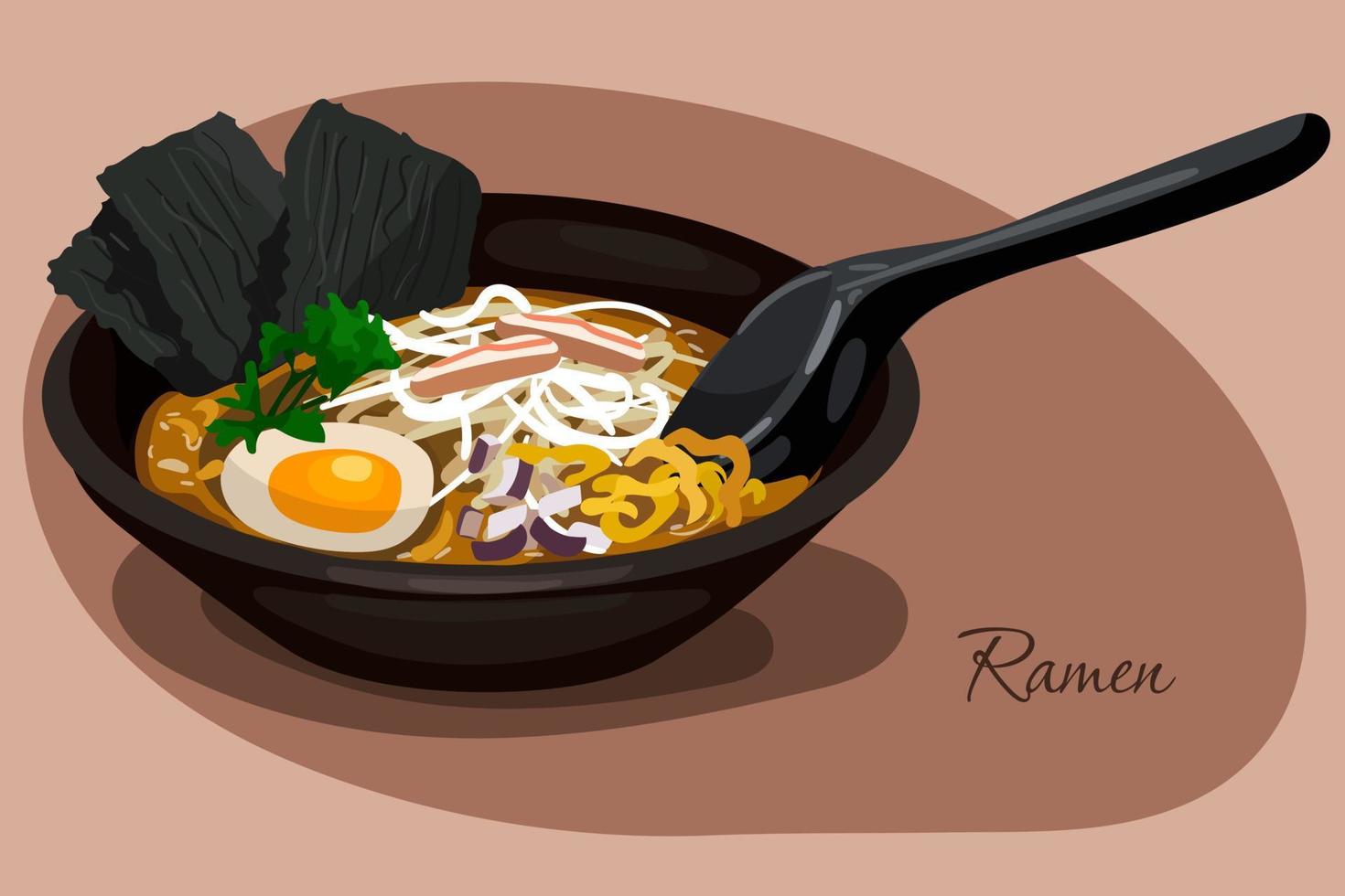 illustration av asiatisk Ramen mat. spaghetti med Ingredienser på en beige bakgrund. lämplig för utskrift menyer i en restaurang. vektor