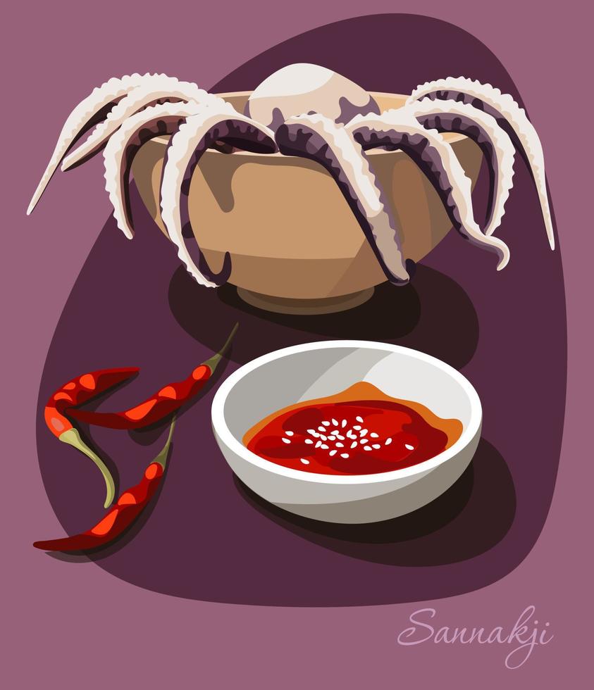 illustration av ett bläckfisk med varm sås och chili paprika. asiatisk mat med skaldjur. bläckfisk med sås på en lila bakgrund. lämplig för utskrift menyer i en restaurang. vektor