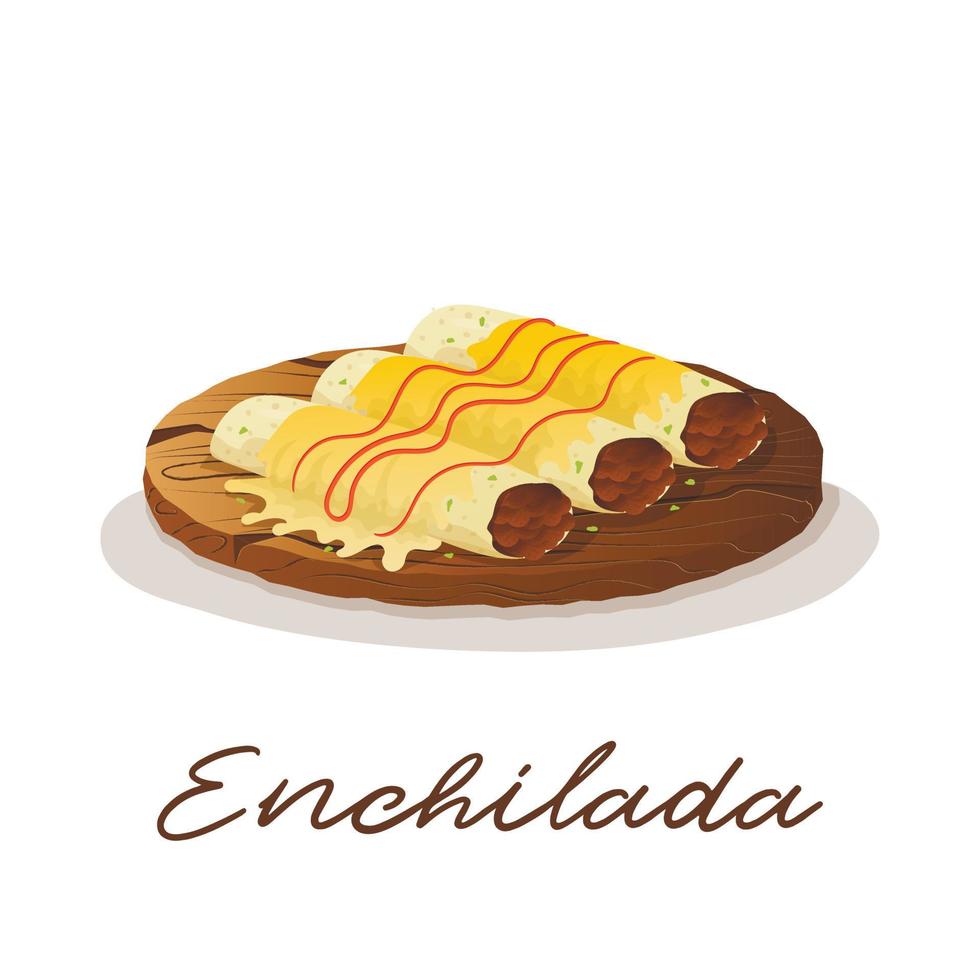 mexikanisches Gericht Enchilada-Tortilla-Rollen mit Hackfleisch und Käsesauce auf einem Holztablett. Fast-Food-Restaurant und Streetfood-Snacks, Fleischtortillas, Lieferung von Speisen zum Mitnehmen vektor